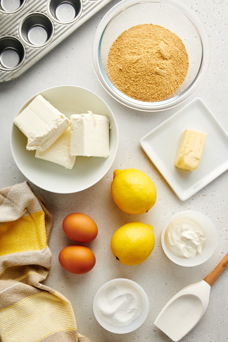 overhead view of ingredients for Mini Lemon Cheesecakes