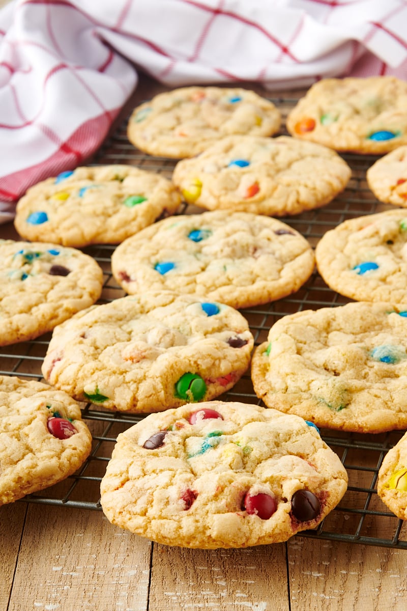 M&M cookies on wire rack