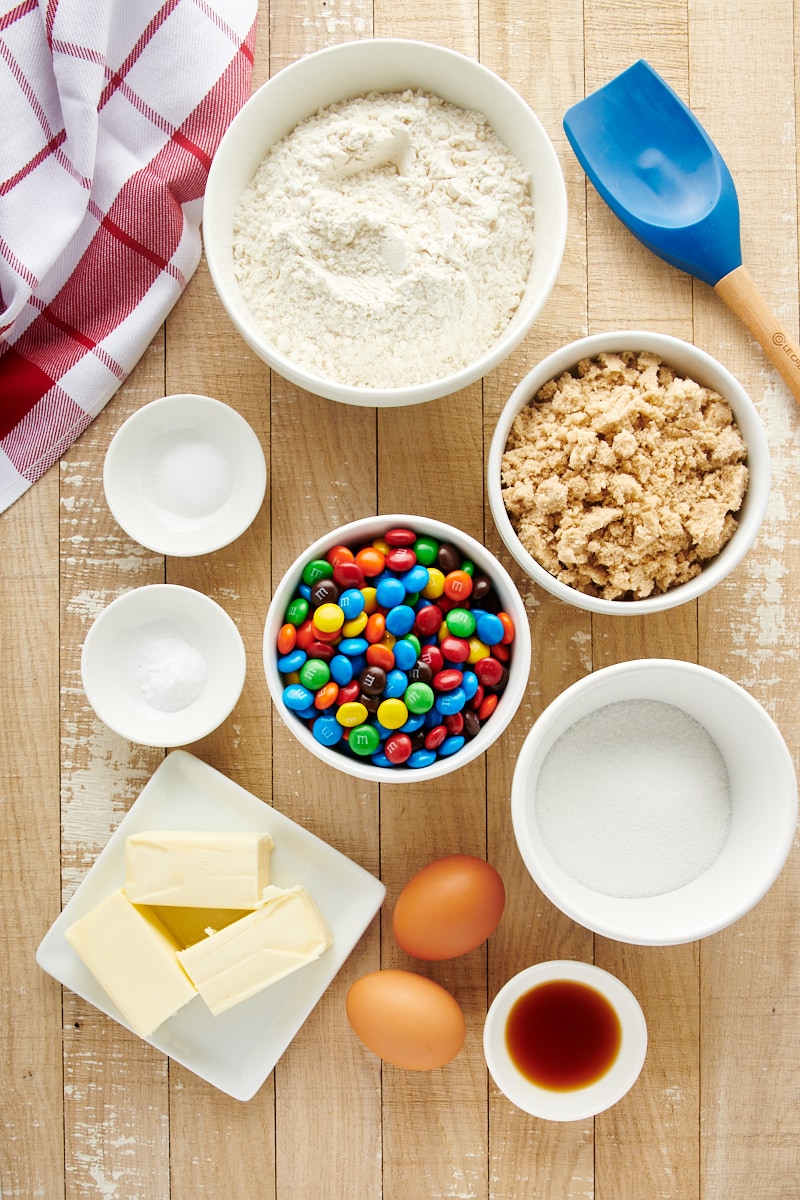 Overhead view of M&M cookie ingredients