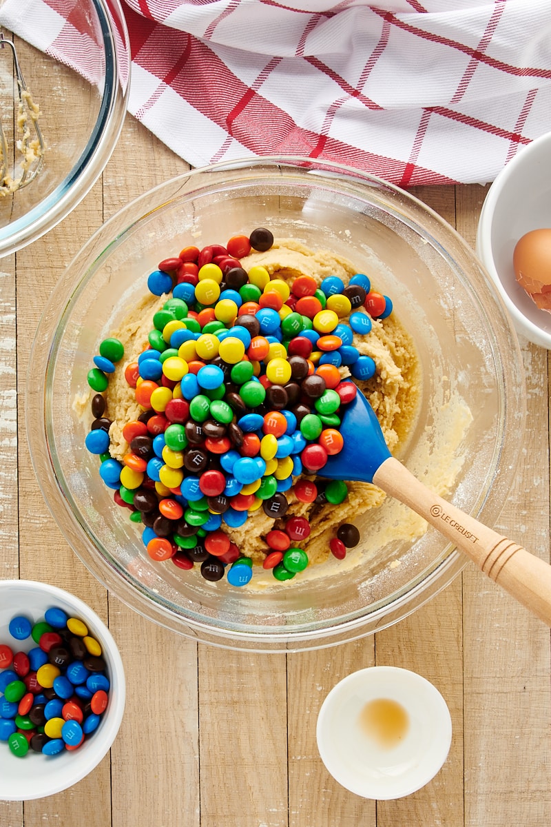 Stirring M&Ms into cookie dough with spatula