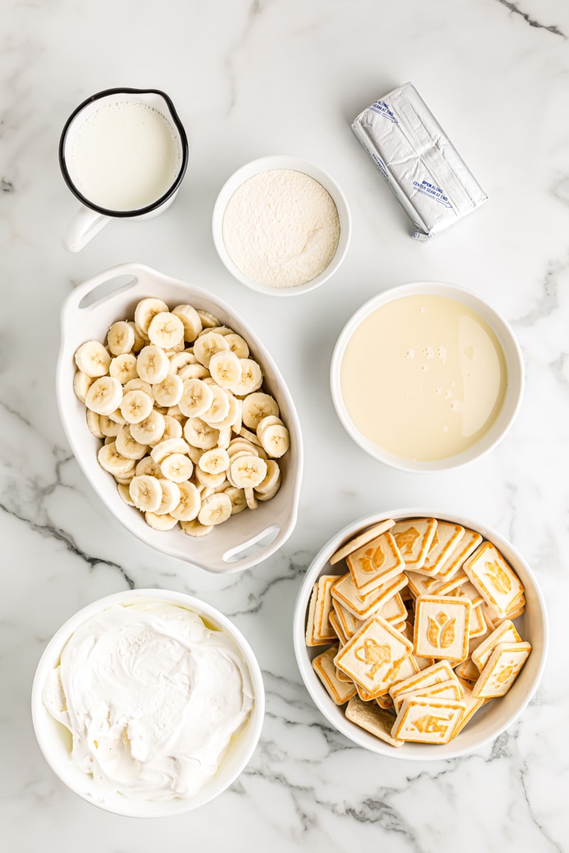 Overhead view of banana pudding ingredients