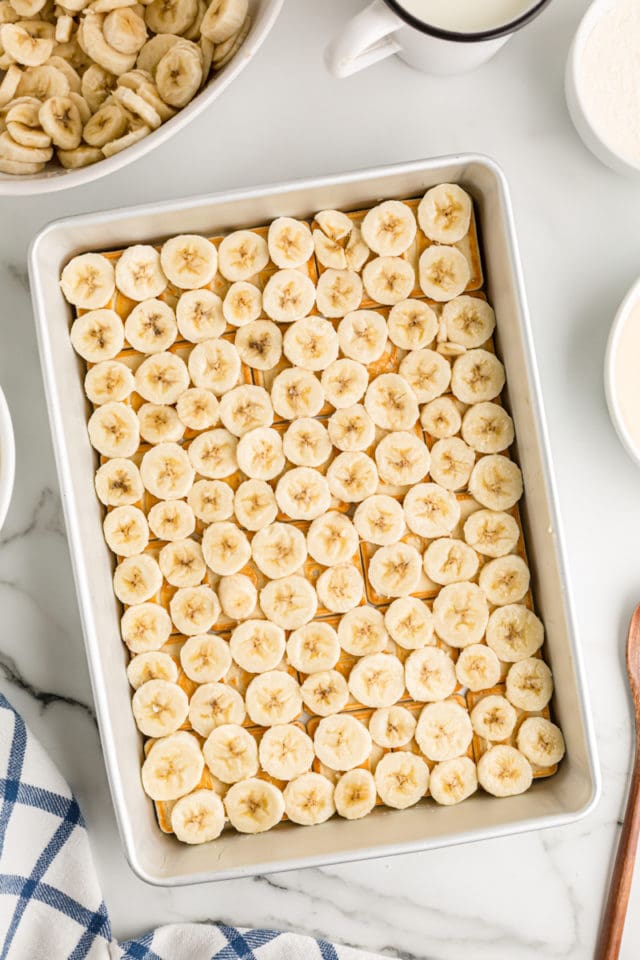 Overhead view of banana layer for banana pudding