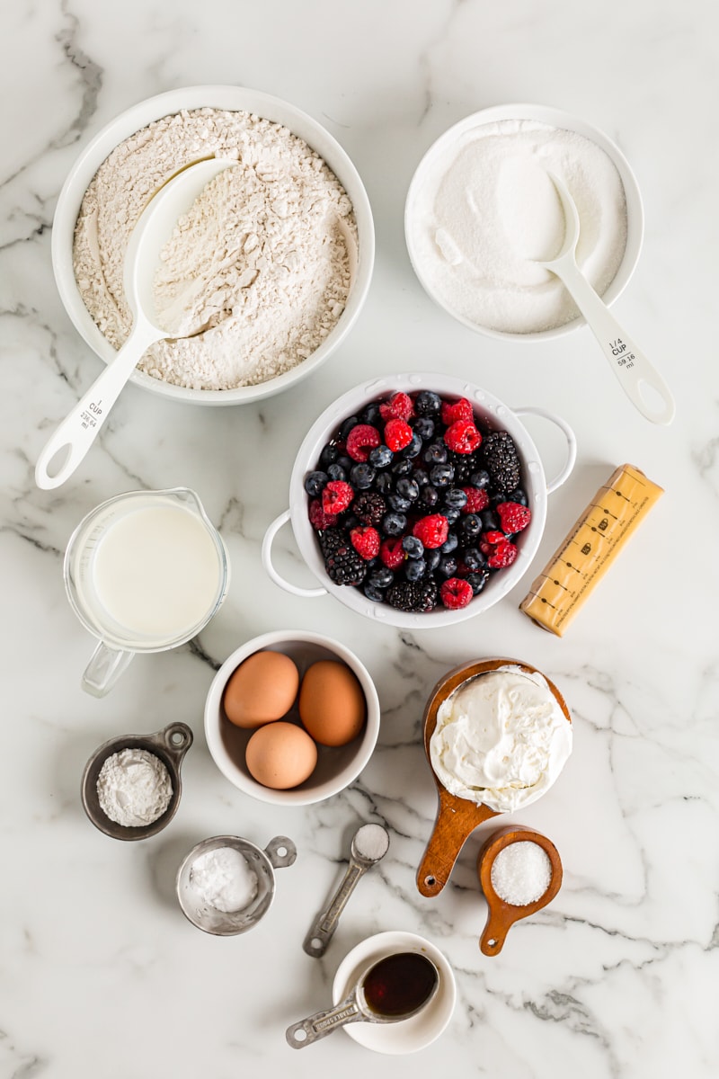 Overhead view of berry vanilla cake ingredients