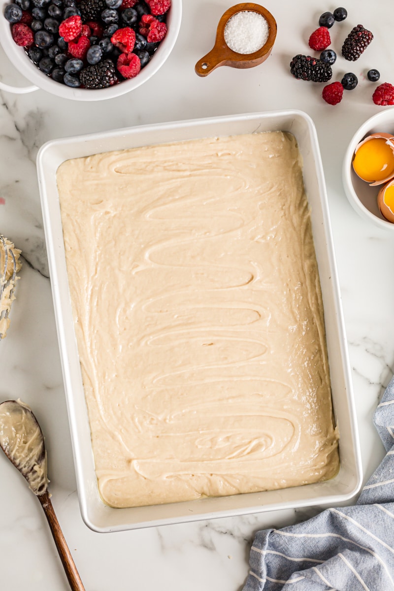 Overhead view of cake batter in pan