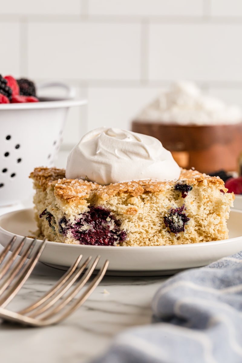 Square of berry vanilla cake on plate with dollop of whipped cream