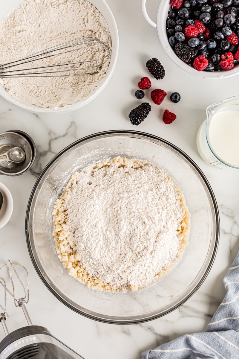 Overhead view of dry ingredients in cake batter before mixing