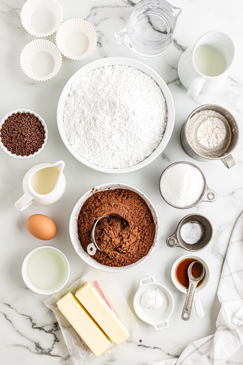 overhead view of ingredients for chocolate cupcakes