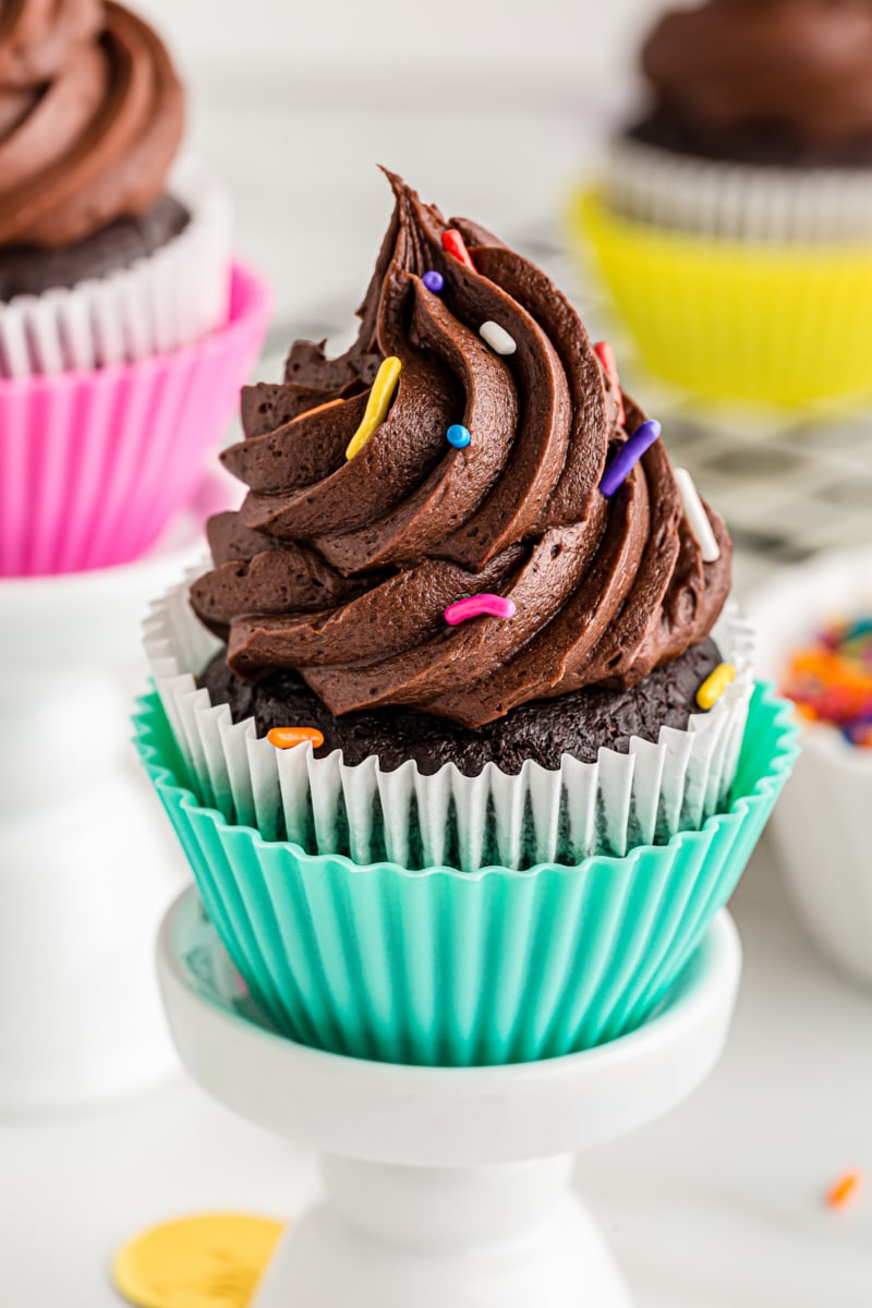 a frosted chocolate cupcake topped with rainbow sprinkles