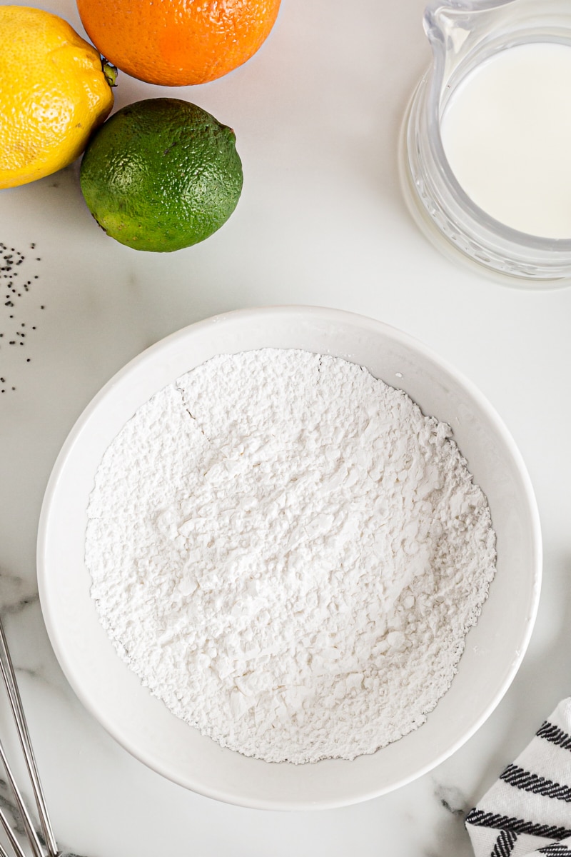 Overhead view of powdered sugar in bowl