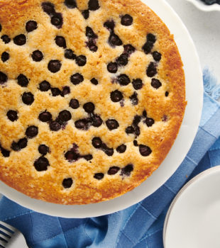 Overhead view of whole blueberry cake