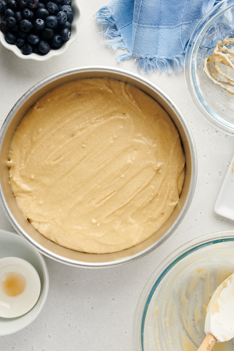 Cake batter in round pan with bowl of blueberries in background