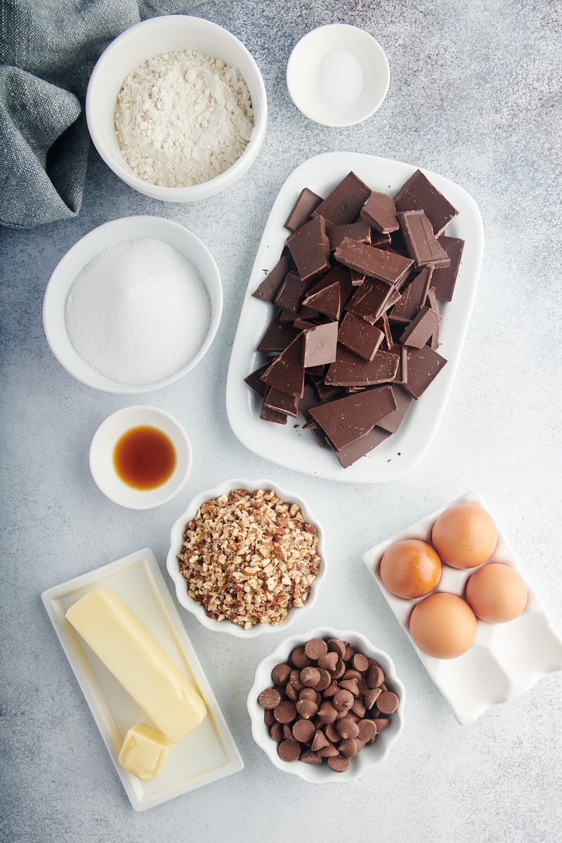 Overhead view of ingredients for brownie cupcakes