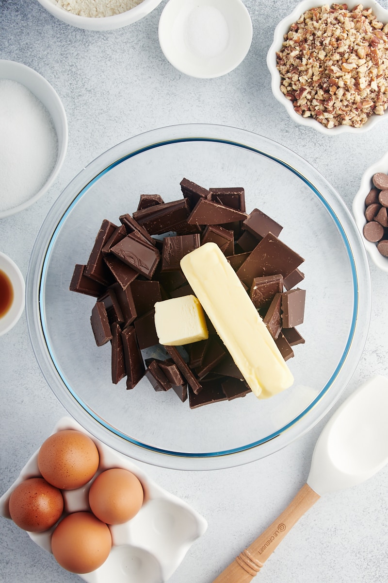 Overhead view of butter and chocolate in mixing bowl