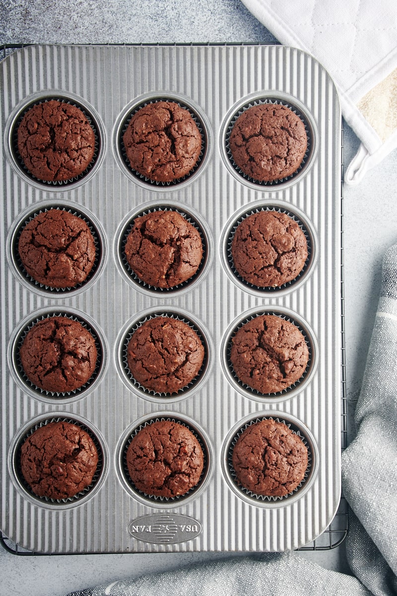 Overhead view of brownie cupcakes in muffin tin