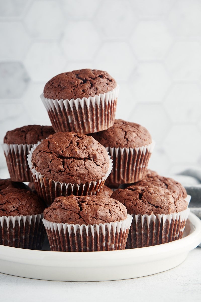 Stack of brownie cupcakes on plate