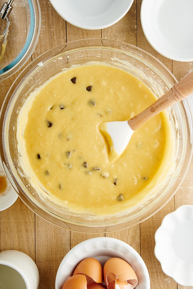 overhead view of mixed Chocolate Chip Loaf Cake batter