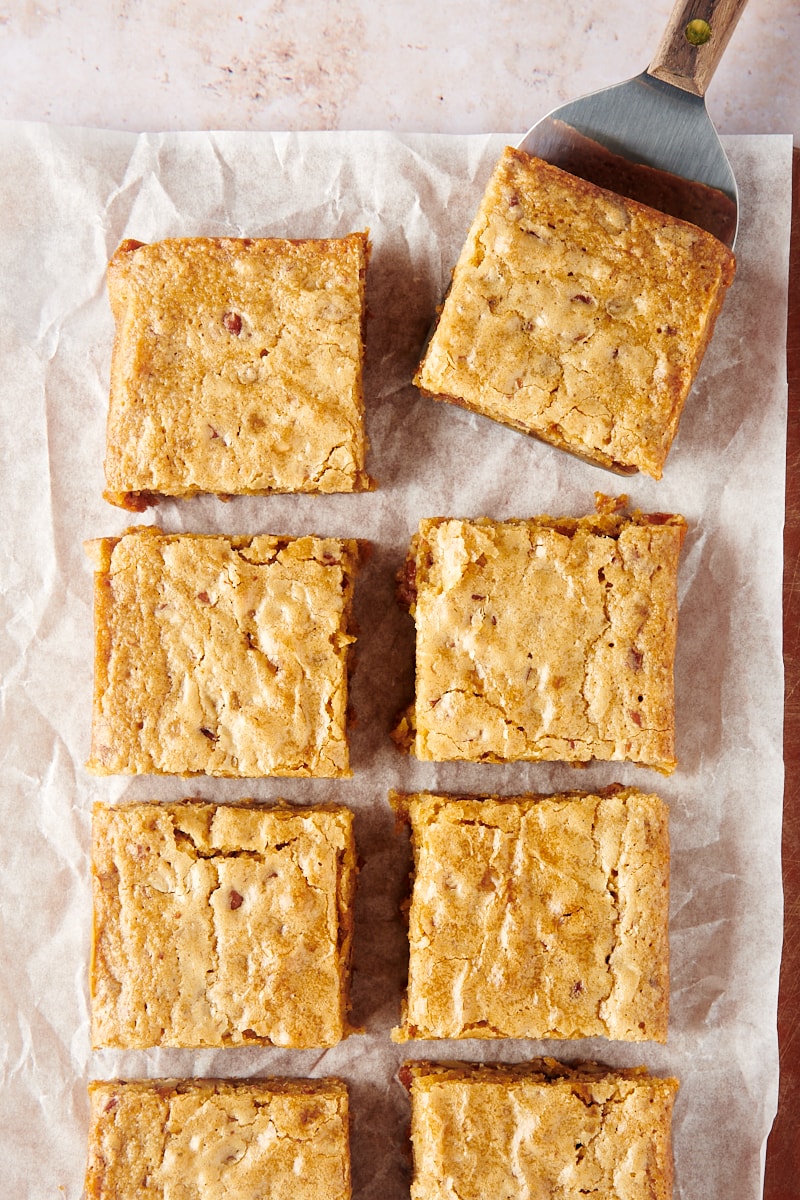 overhead view of sliced small batch blondies on parchment paper