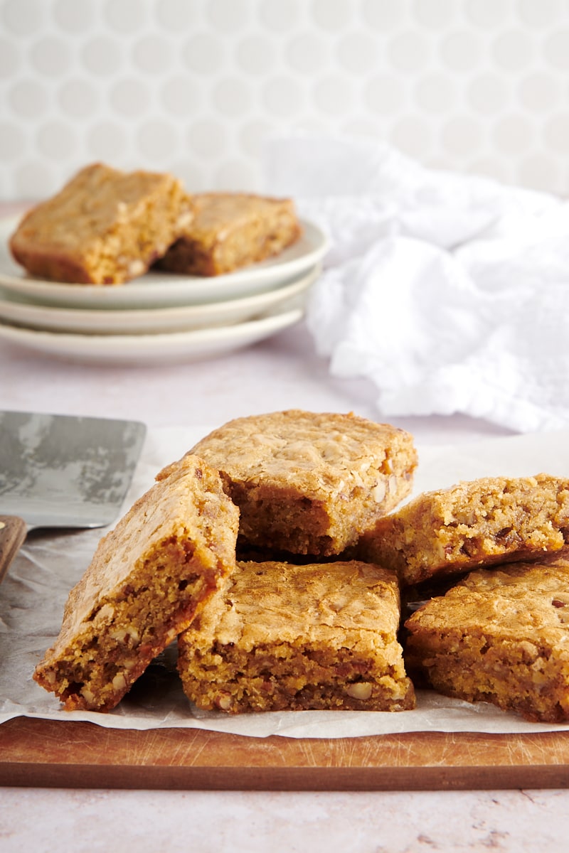 small batch blondies piled on a cutting board