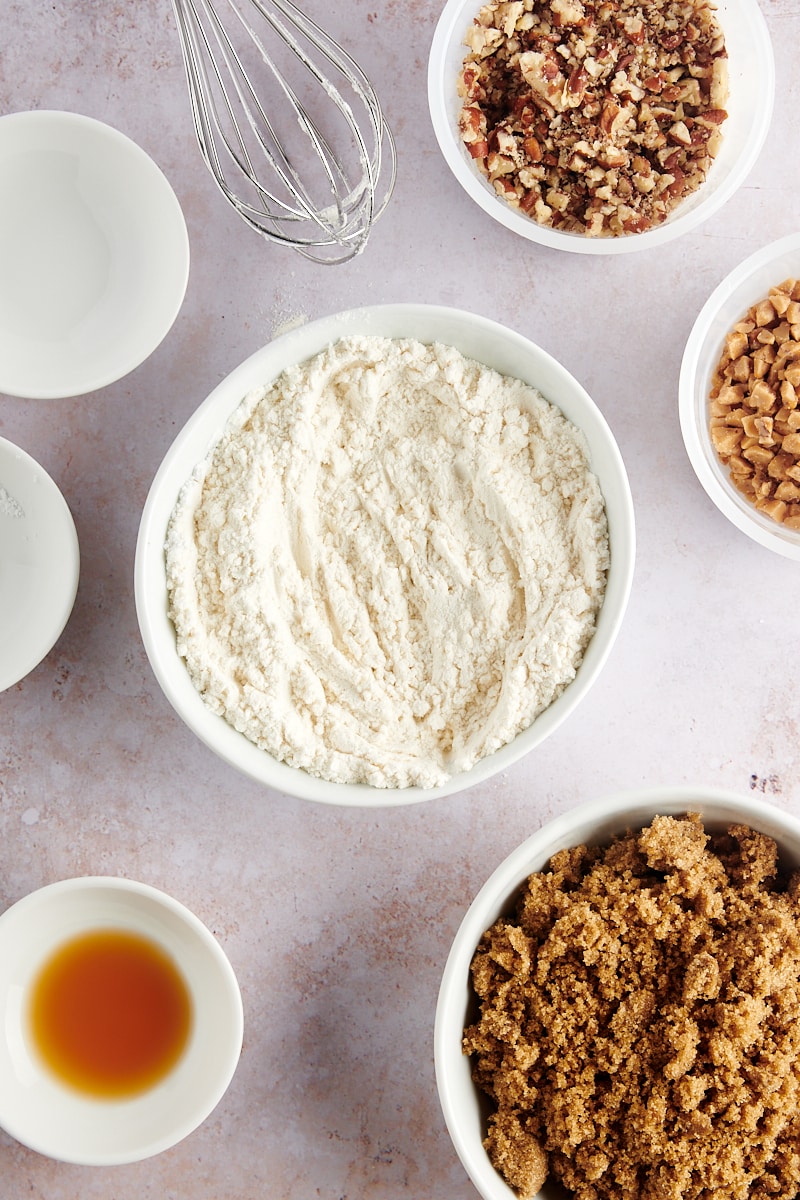 overhead view of mixed dry ingredients in a white mixing bowl