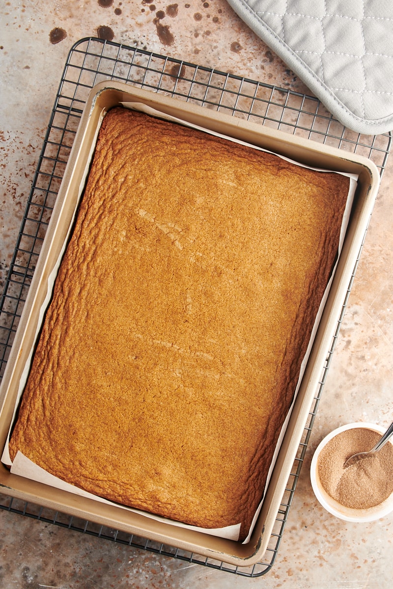 Pan of snickerdoodle bars before adding cinnamon sugar