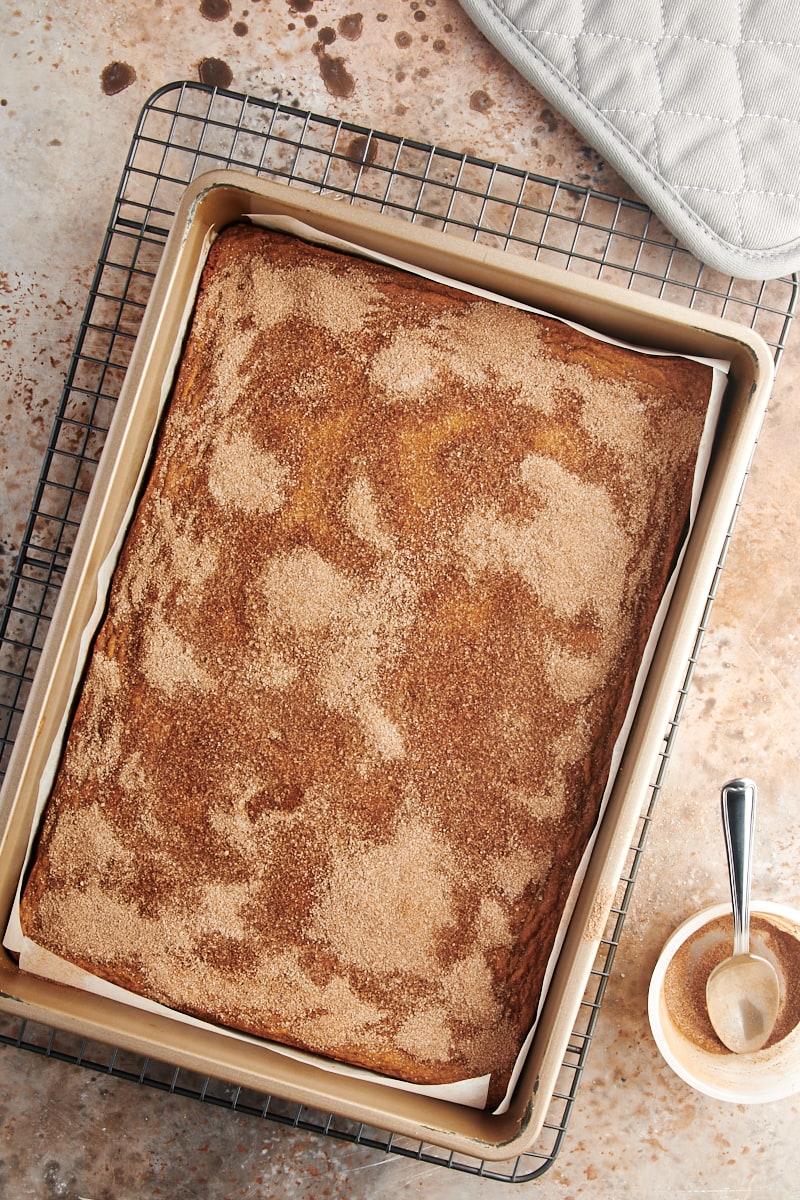 Snickerdoodle bars in pan after topping with cinnamon sugar