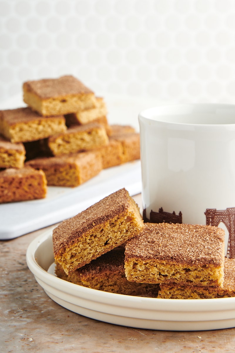 Plate with mug and snickerdoodle bars, with remaining bars in background