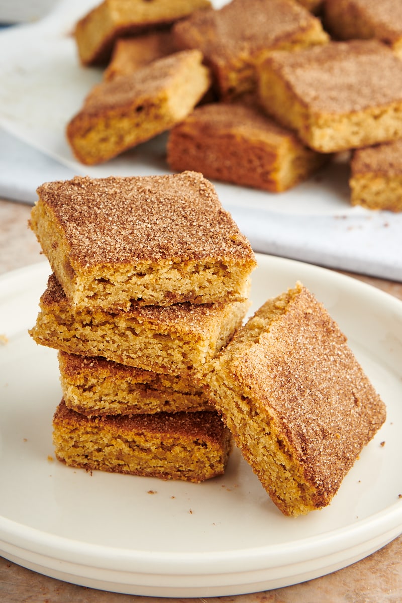 Stack of snickerdoodle bars on plate