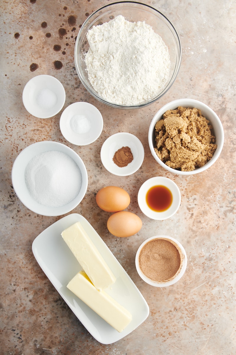 Overhead view of ingredients for snickerdoodle bars