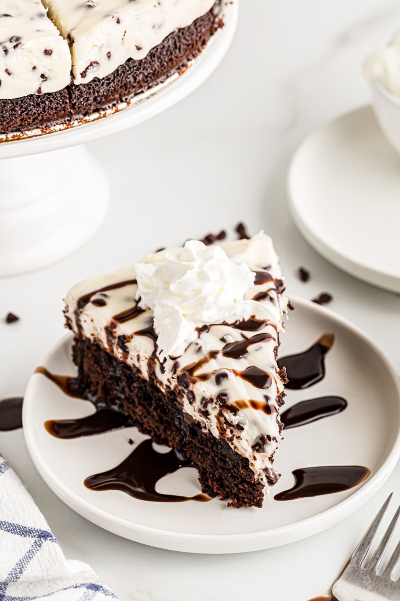 Chocolate Chip Cheesecake with Brownie Crust on plate with chocolate sauce
