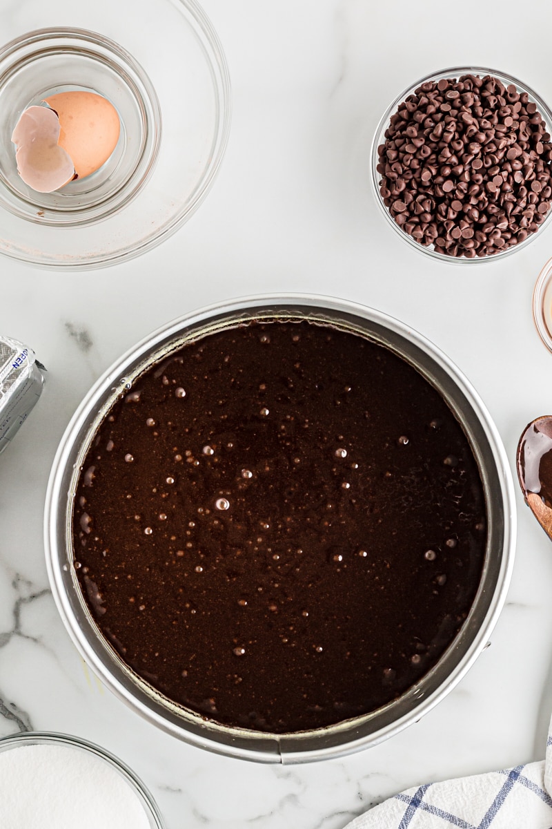 Brownie batter in springform pan