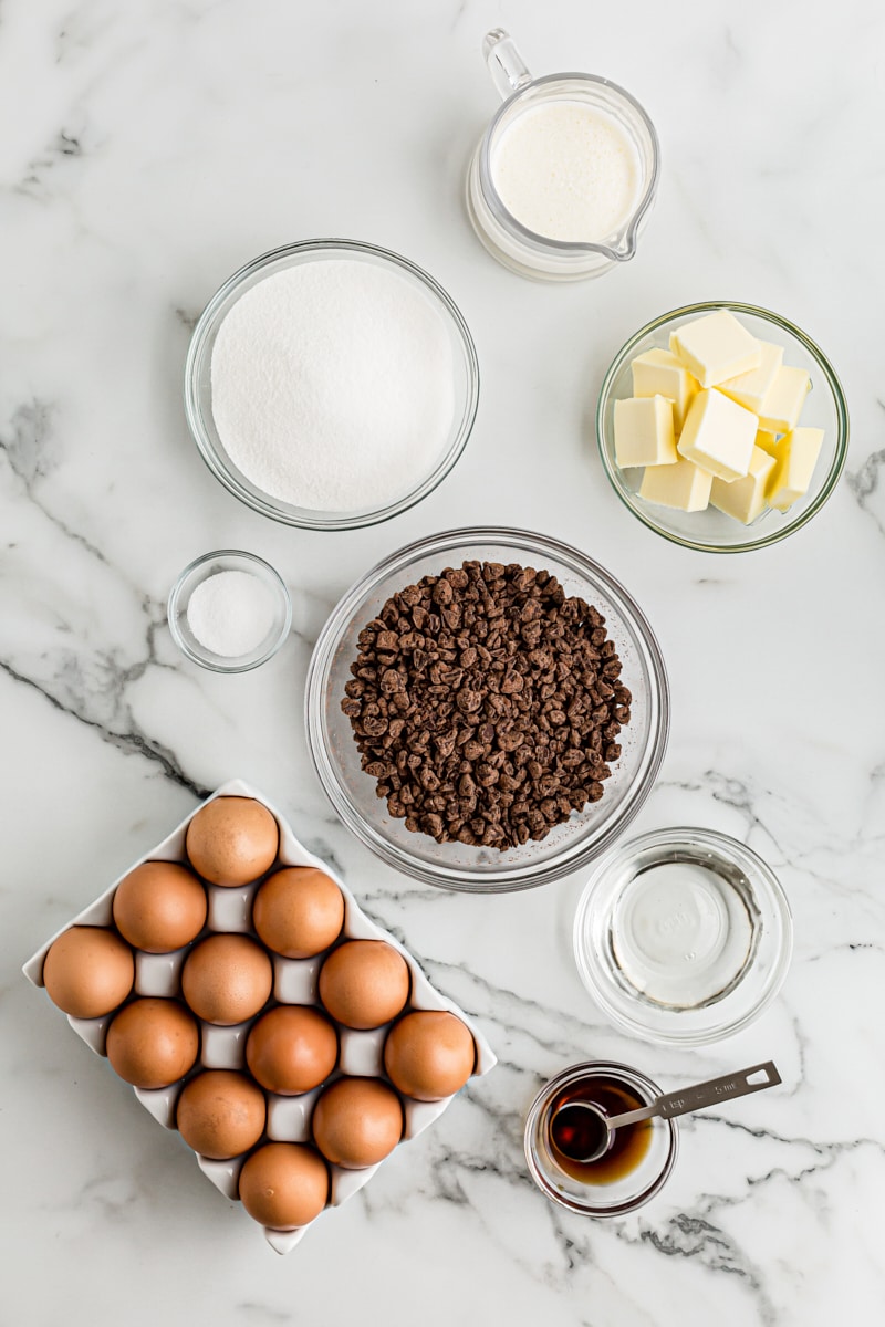 Overhead view of ingredients for flourless chocolate cake