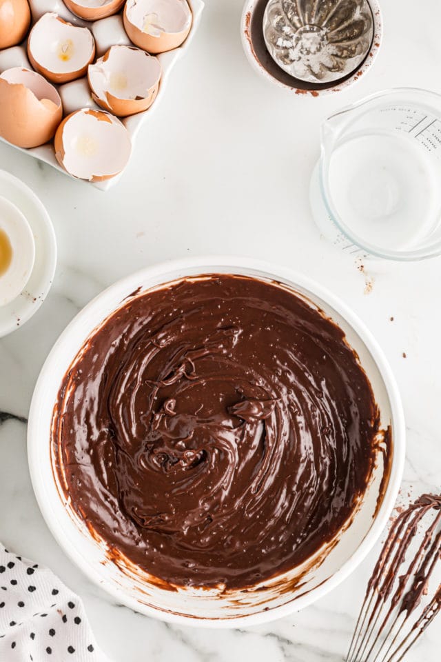 Overhead view of chocolate pudding in bowl