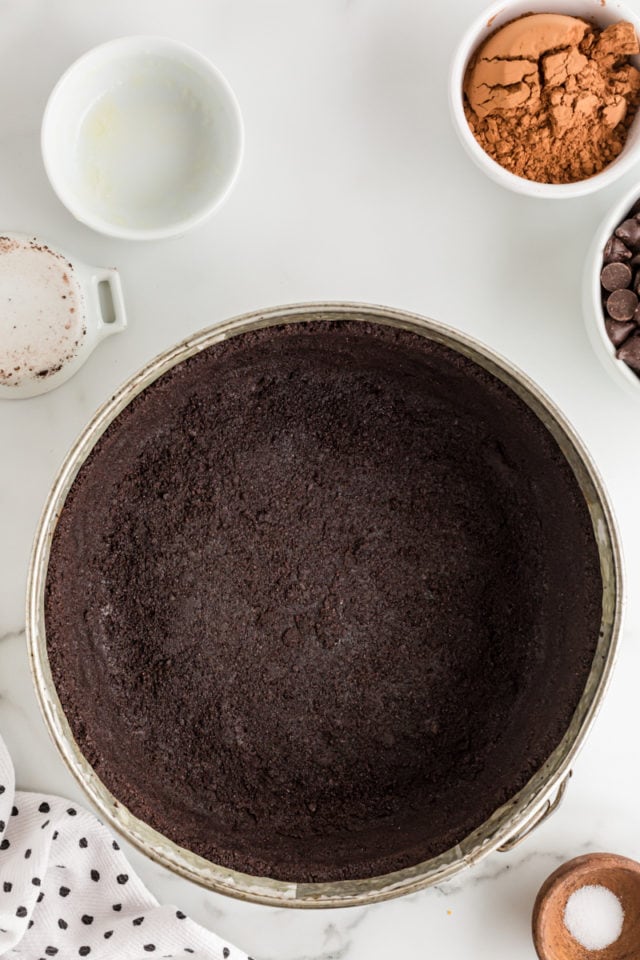 Overhead view of Oreo pie crust in pan