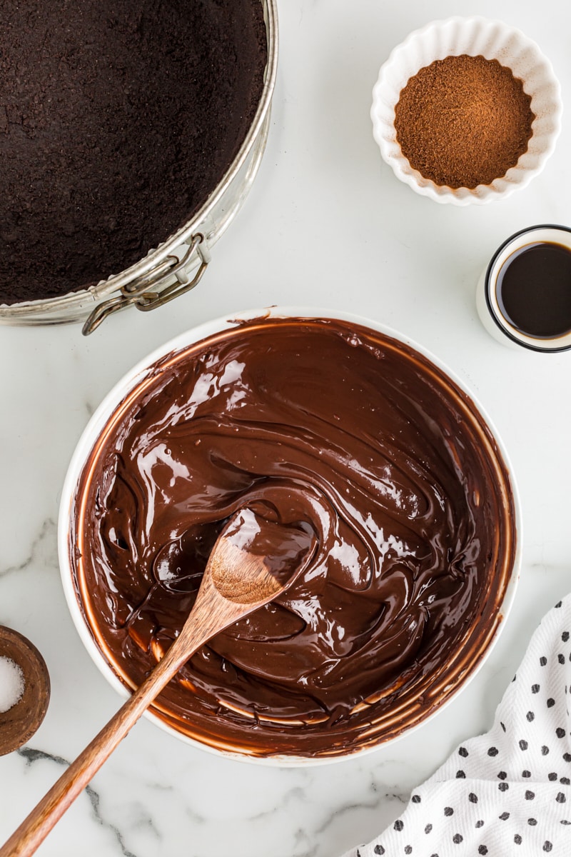 Overhead view of melted chocolate in bowl