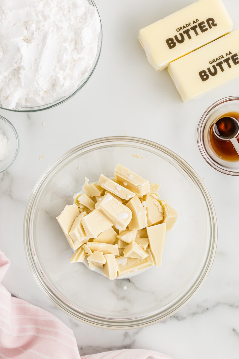 White chocolate pieces in mixing bowl