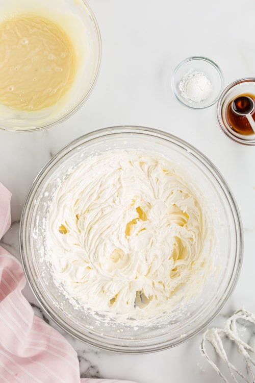 White chocolate frosting in mixing bowl