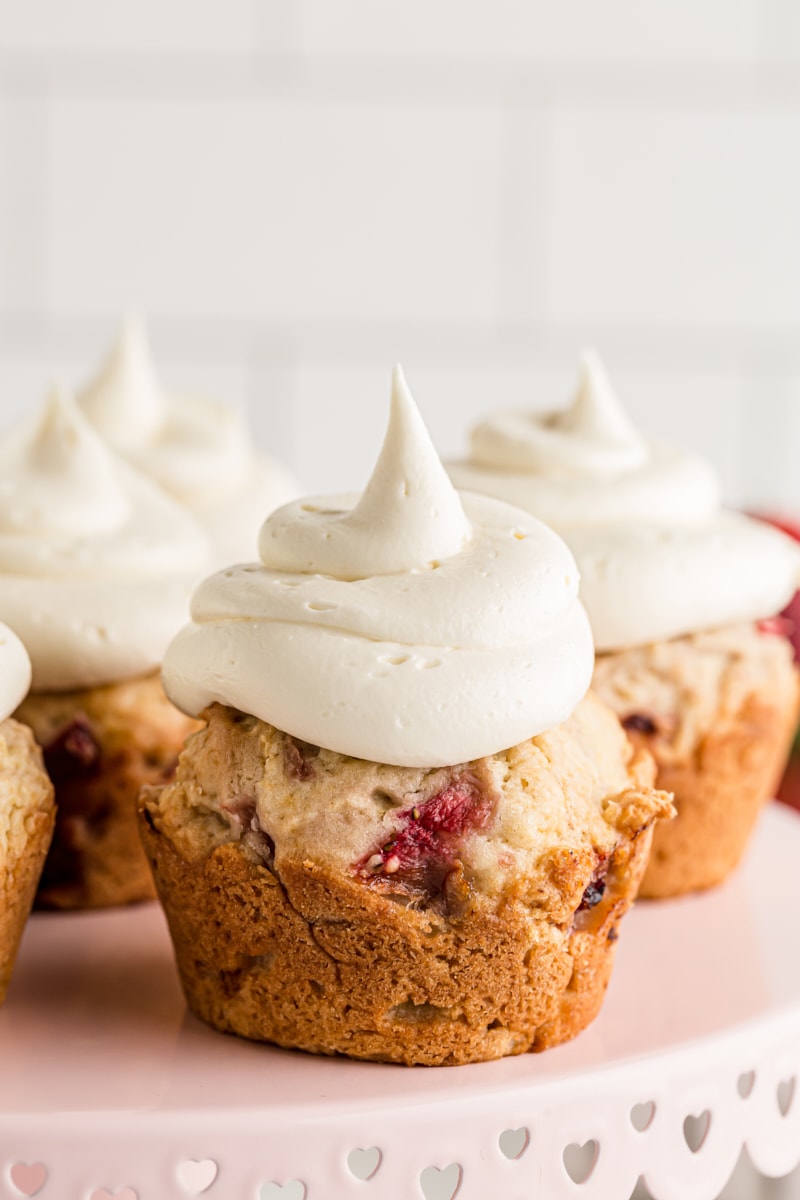 Strawberry cupcakes on cake stand