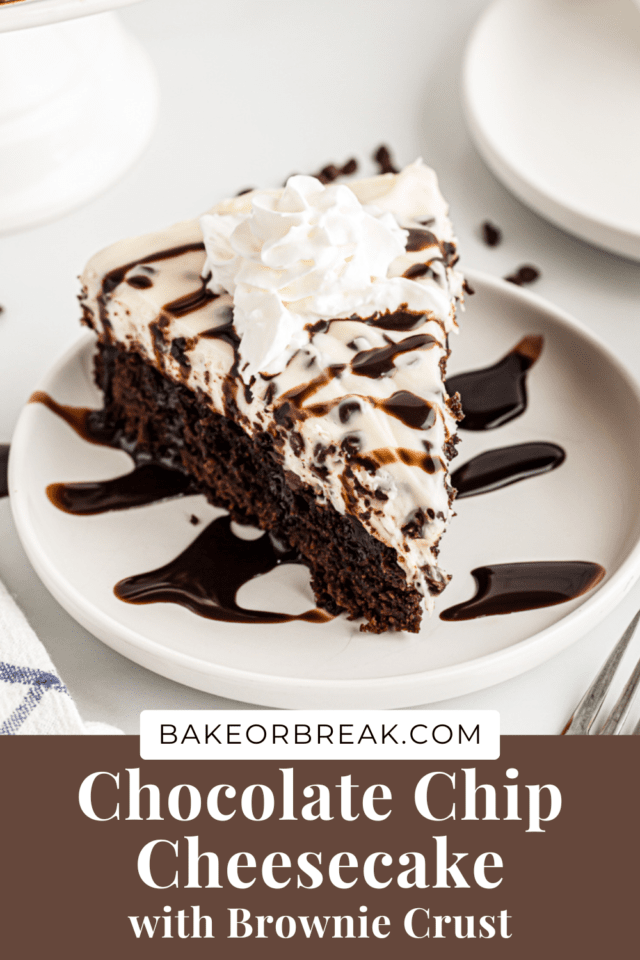Chocolate Chip Cheesecake with Brownie Crust bakeorbreak.com