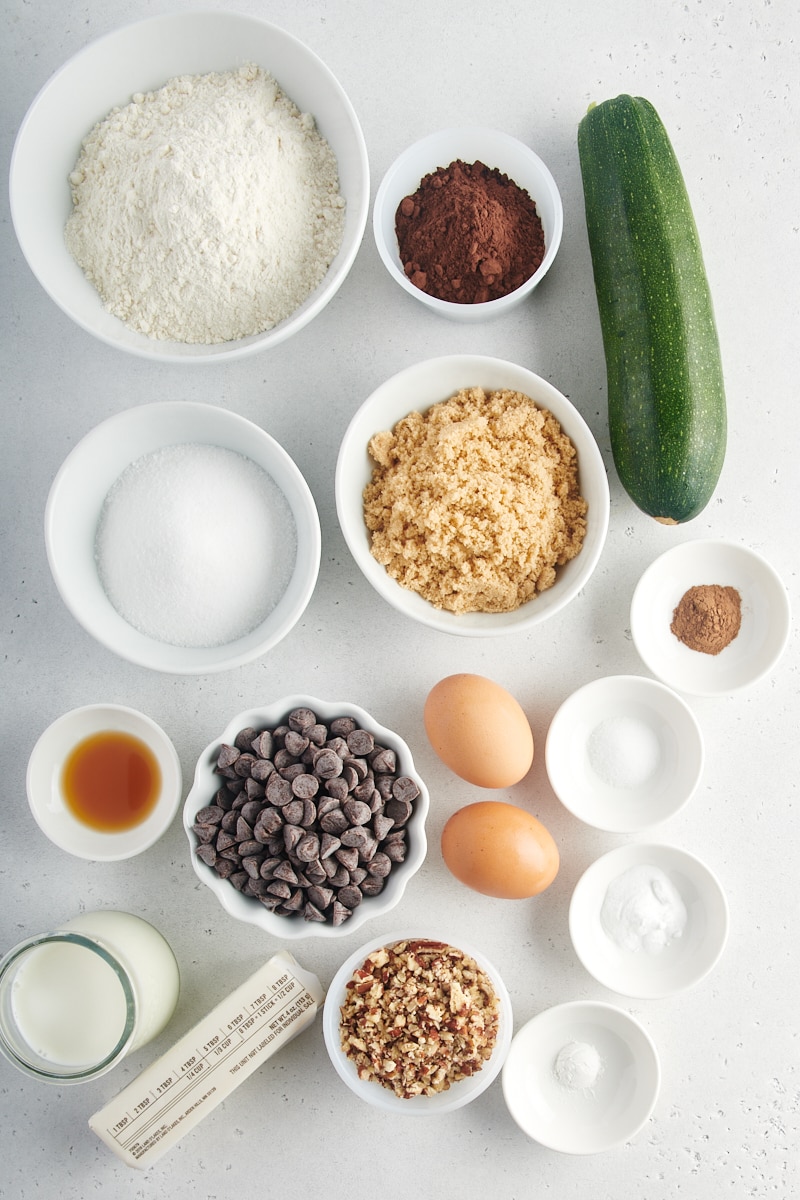 overhead view of ingredients for Chocolate Zucchini Bread