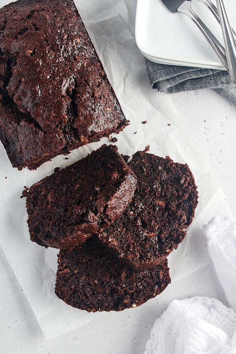 overhead view of partially sliced Chocolate Zucchini Bread