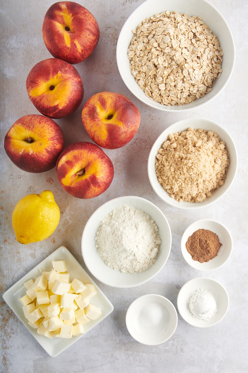 overhead view of ingredients for peach crisp