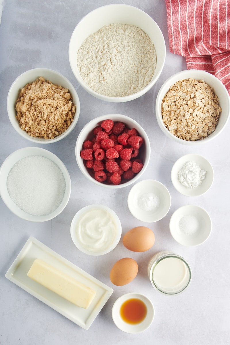 Overhead view of ingredients for raspberry oat muffins
