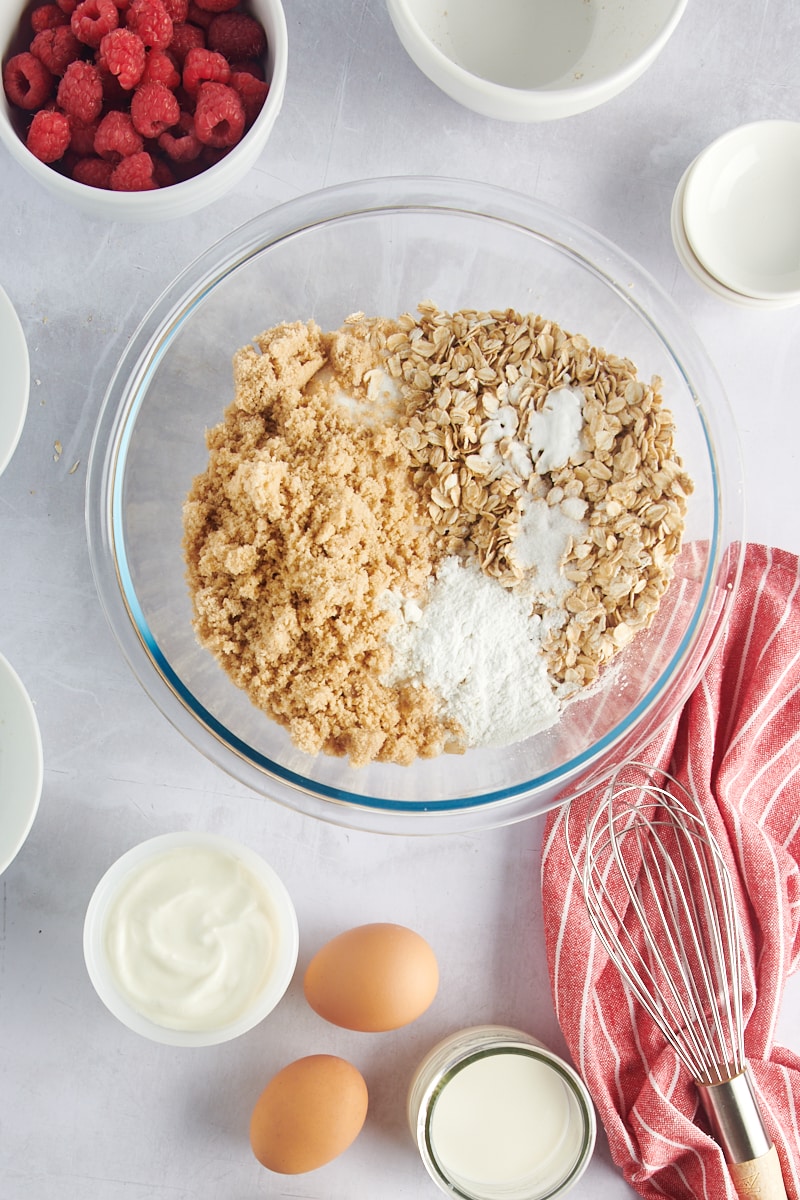 Overhead view of dry ingredients for muffins before whisking