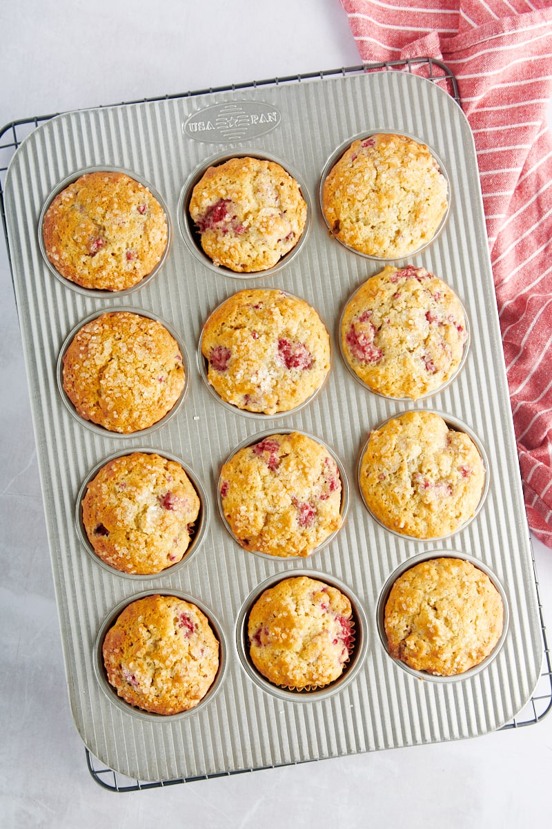 Raspberry oat muffins in pan