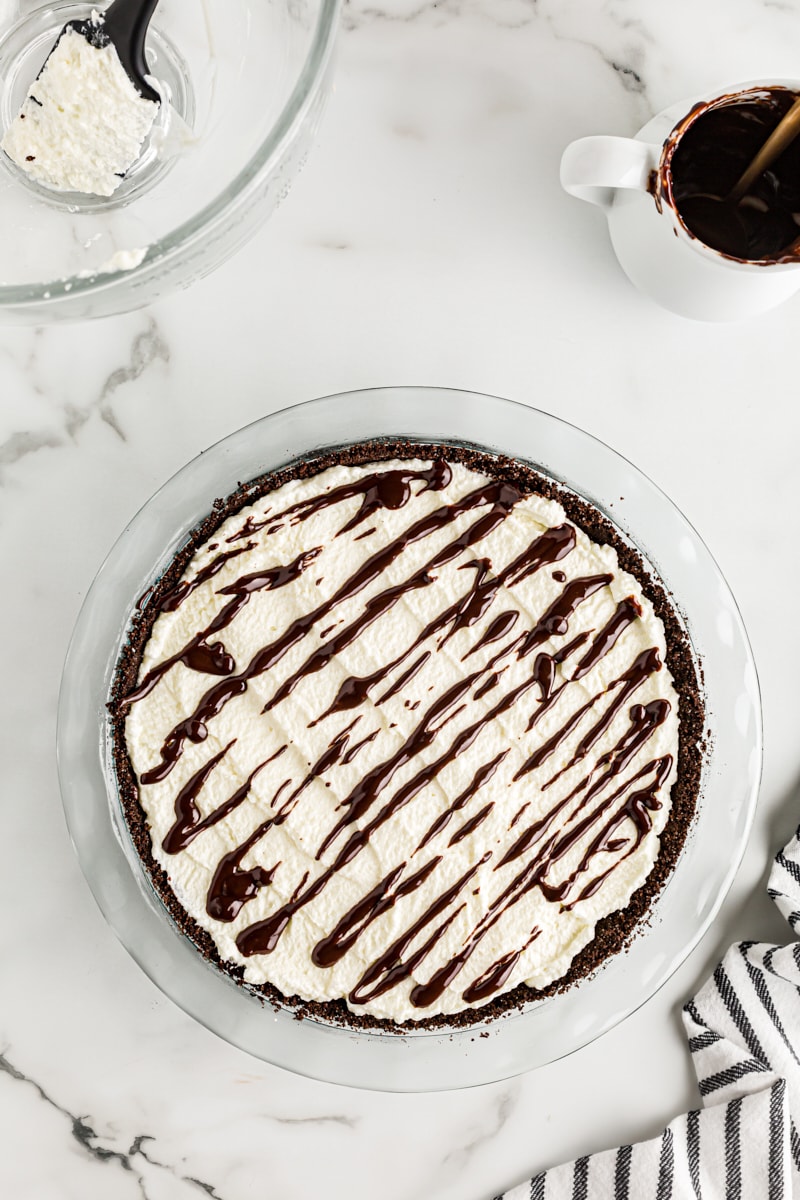 Overhead view of whole Chocolate Hazelnut Black-Bottom Pie