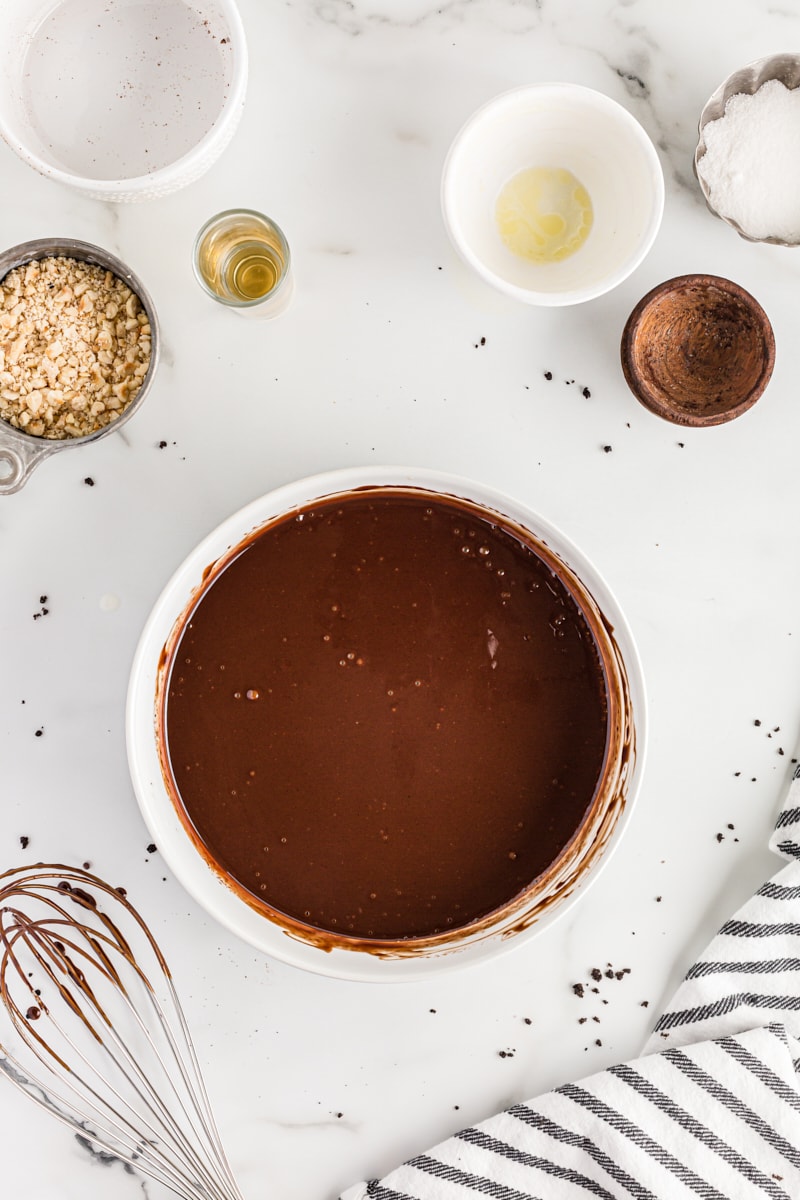 Overhead view of chocolate ganache in bowl