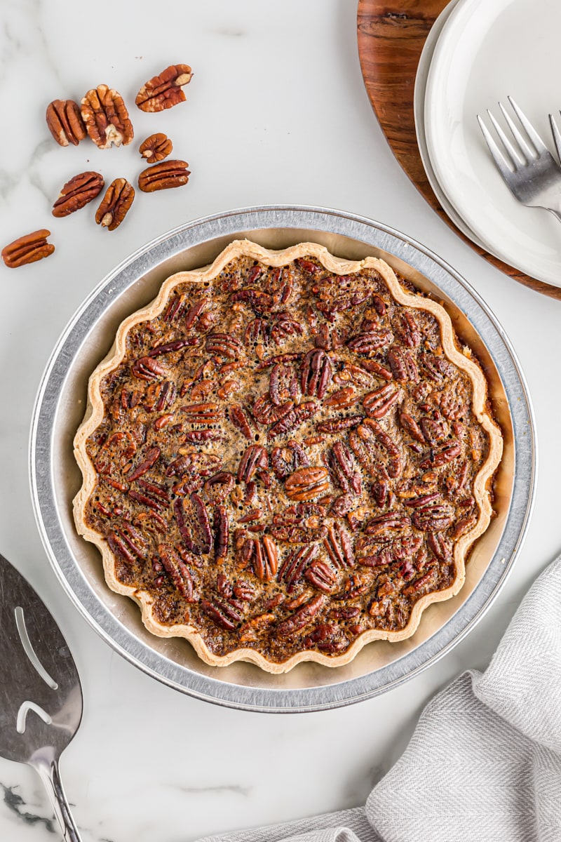 Overhead view of whole pecan pie