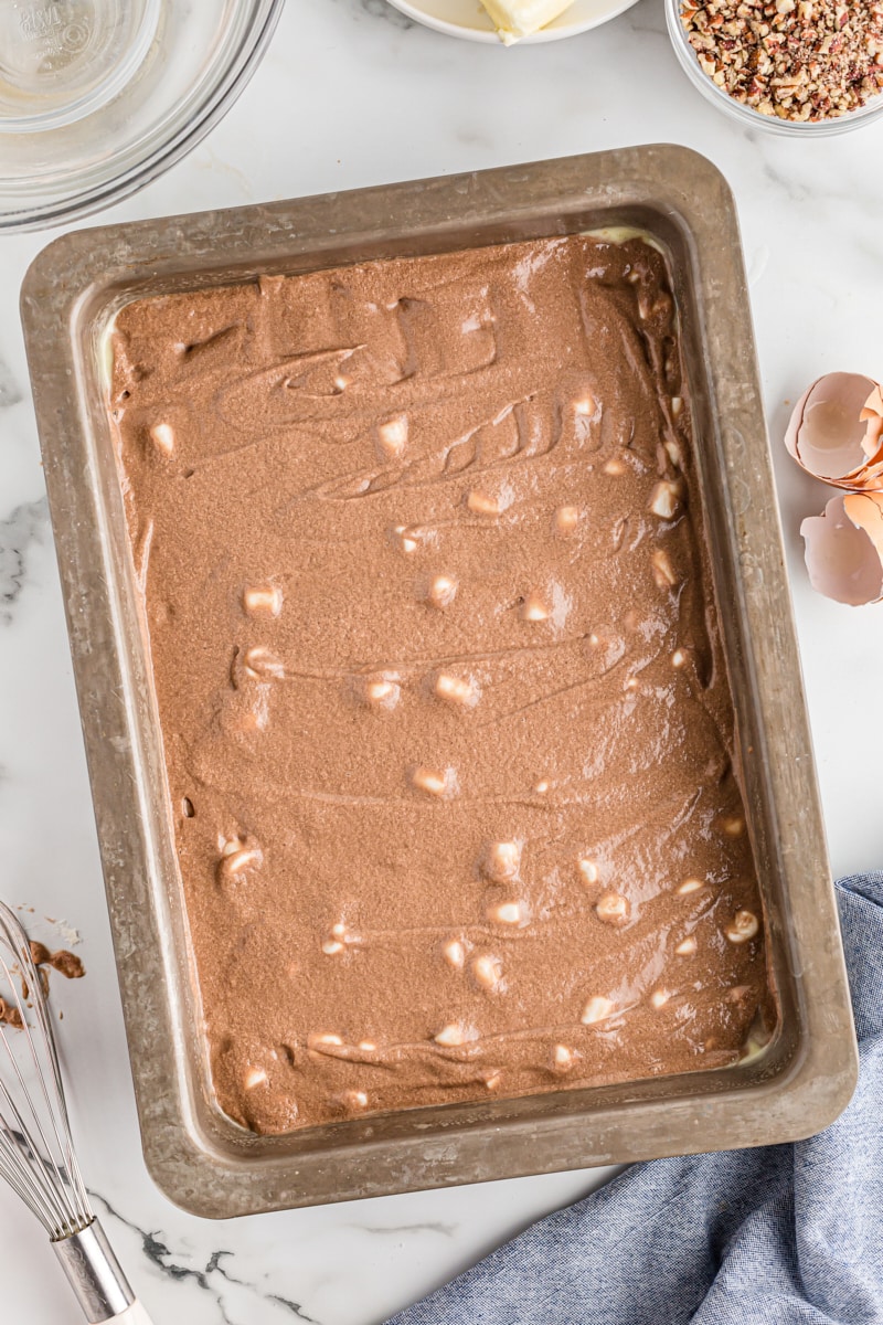 Coca-Cola Cake batter in metal baking pan