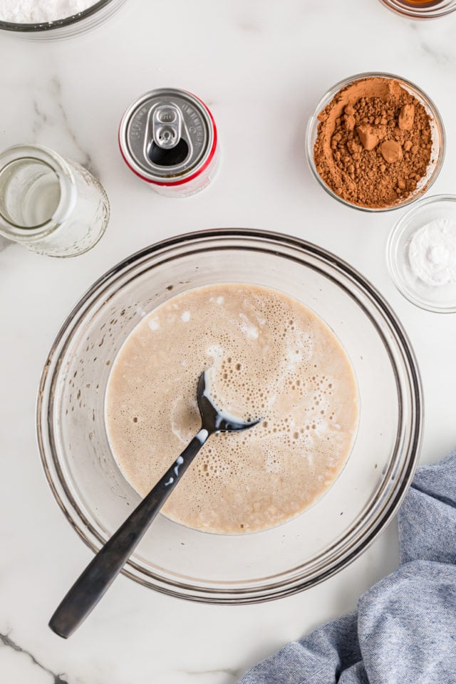 Buttermilk and cola in mixing bowl