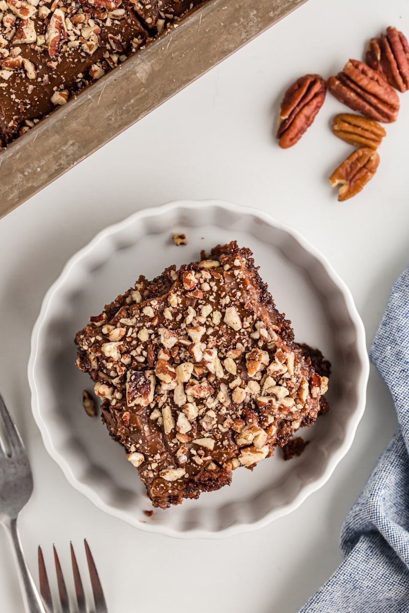 Overhead view of Coca-Cola Cake slice in bowl